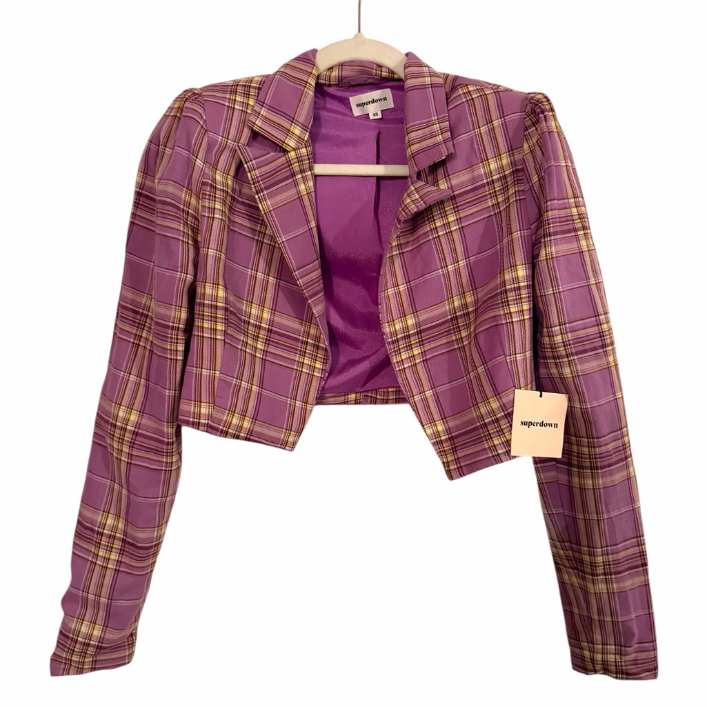 Nwt Revolve Superdown Giona Cropped Purple Plaid Blazer Xs